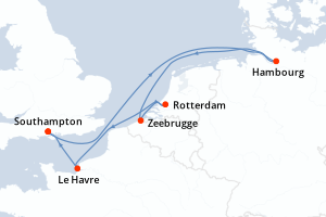 Carte itinéraire croisière Allemagne, Belgique, Pays-Bas, France, Royaume-Uni - 7 jours au départ de Southampton - Europe du Nord