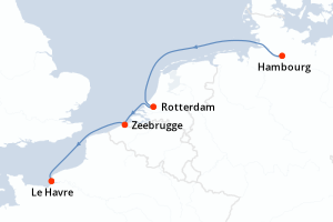 Carte de l'itinéraire de croisière Hambourg-Le Havre d'une durée de 4 jours