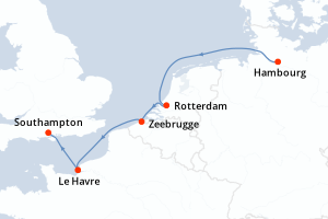 Carte de l'itinéraire de croisière Hambourg-Southampton d'une durée de 5 jours
