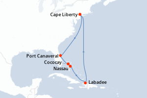 carte itinéraire croisière Amérique du Nord 9 jours au départ du port de Cape Liberty