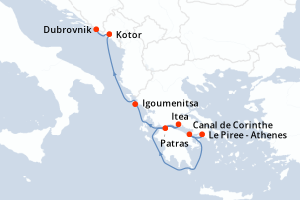 Carte de l'itinéraire de croisière Le Piree - Athenes-Dubrovnik d'une durée de 8 jours