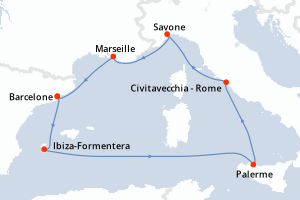 Carte de l'itinéraire de croisière Barcelone-Barcelone d'une durée de 7 jours