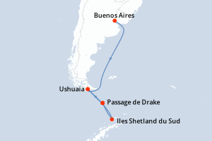 Carte de l'itinéraire de croisière Buenos Aires-Ushuaia d'une durée de 11 jours