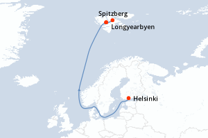 Carte de l'itinéraire de croisière Helsinki-Longyearbyen d'une durée de 9 jours
