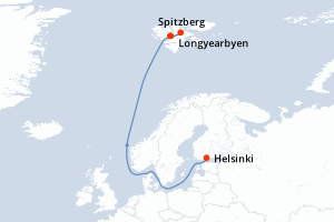 Carte de l'itinéraire de croisière Helsinki-Longyearbyen d'une durée de 13 jours
