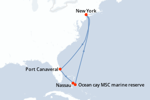 Carte de l'itinéraire de croisière New York-New York d'une durée de 7 jours