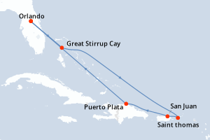 Carte itinéraire croisière Bahamas, Vierges (îles), Etats-Unis, Porto Rico, République dominicaine - 7 jours au départ de Orlando - Caraïbes Bahamas