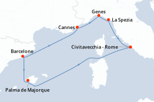 carte itinéraire croisière Méditerranée 7 jours au départ du port de Civitavecchia - Rome