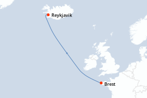 Carte de l'itinéraire de croisière Brest-Reykjavik d'une durée de 4 jours