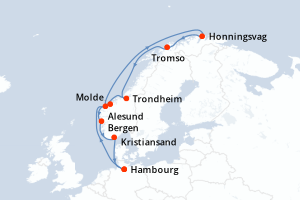 Carte itinéraire croisière Allemagne, Norvège - 12 jours au départ de Hambourg - Europe du Nord