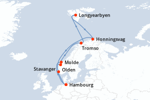 Carte de l'itinéraire de croisière Hambourg-Hambourg d'une durée de 14 jours