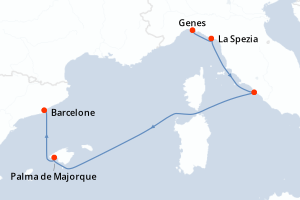 Carte de l'itinéraire de croisière Genes-Barcelone d'une durée de 5 jours