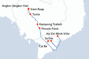 Carte itinéraire croisière Cambodge, Vietnam - 10 jours au départ de Siem Reap - Asie