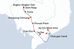 Carte de l'itinéraire de croisière Ho Chi Minh-Ville-Siem Reap d'une durée de 10 jours
