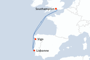 carte itinéraire croisière Méditerranée 7 jours au départ du port de Southampton