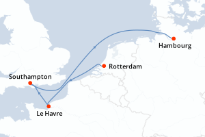 Carte itinéraire croisière Rotterdam, Le Havre, Southampton, Hamburg - 4 jours au départ de Rotterdam - Europe du Nord