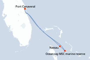 Carte de l'itinéraire de croisière Port Canaveral-Port Canaveral d'une durée de 3 jours