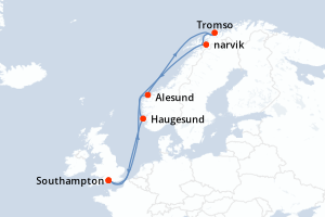 carte itinéraire croisière Fjörds norvégiens 12 jours au départ du port de Southampton
