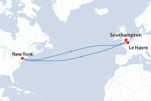 carte itinéraire croisière Transatlantique 15 jours au départ du port de Southampton