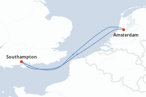 Carte de l'itinéraire de croisière Southampton-Southampton d'une durée de 4 jours
