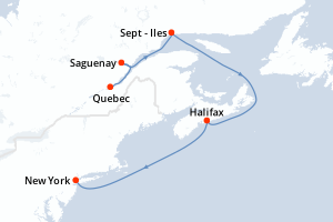 Carte de l'itinéraire de croisière Quebec-New York d'une durée de 7 jours