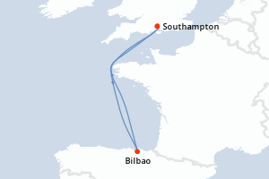 Carte de l'itinéraire de croisière Southampton-Southampton d'une durée de 4 jours