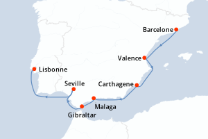 Carte de l'itinéraire de croisière Barcelone-Lisbonne d'une durée de 10 jours
