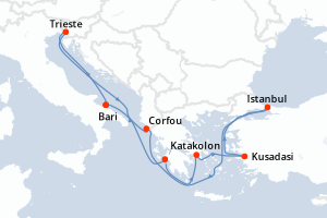 Carte itinéraire croisière Grèce, Italie, Turquie, Iles Grecques - 9 jours au départ de Bari - Méditerranée
