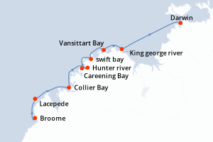 Carte de l'itinéraire de croisière Broome-Darwin d'une durée de 10 jours