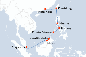 Carte itinéraire croisière Philippines, Taiwan, Malaisie, Brunei, Chine, Singapour - 11 jours au départ de Singapour - Asie