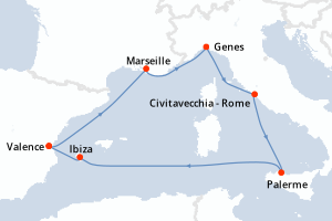 carte itinéraire croisière Sicile 7 jours au départ du port de Valence