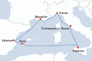 Carte de l'itinéraire de croisière Valence-Valence d'une durée de 7 jours