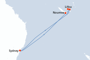 Carte de l'itinéraire de croisière Sydney-Sydney d'une durée de 9 jours