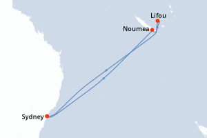 Carte de l'itinéraire de croisière Sydney-Sydney d'une durée de 8 jours