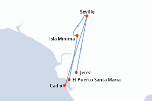 Carte de l'itinéraire de croisière Jerez-Seville d'une durée de 7 jours