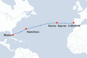 Carte de l'itinéraire de croisière Miami-Lisbonne d'une durée de 12 jours