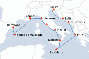 carte itinéraire croisière Sicile 11 jours au départ du port de Barcelone