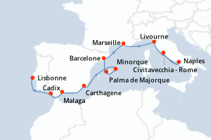 carte itinéraire croisière Méditerranée 10 jours au départ du port de Civitavecchia - Rome