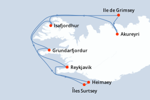 carte itinéraire croisière Europe du Nord 7 jours au départ du port de Reykjavik