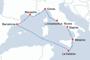 Carte de l'itinéraire de croisière Naples-Civitavecchia - Rome d'une durée de 7 jours