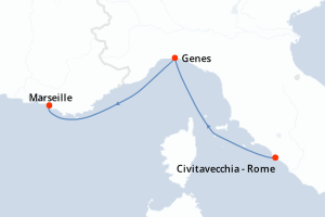 Carte de l'itinéraire de croisière Civitavecchia - Rome-Marseille d'une durée de 2 jours