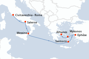 Carte de l'itinéraire de croisière Civitavecchia - Rome-Le Piree - Athenes d'une durée de 7 jours