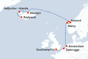 Carte de l'itinéraire de croisière Reykjavik-Southampton d'une durée de 10 jours