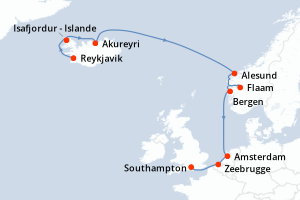carte itinéraire croisière Fjörds norvégiens 10 jours au départ du port de Reykjavik