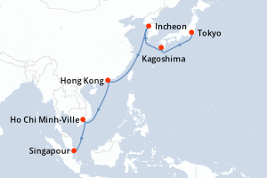 carte itinéraire croisière Asie 16 jours au départ du port de Tokyo
