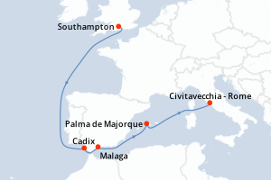 carte itinéraire croisière Méditerranée 8 jours au départ du port de Southampton