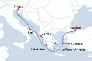 Carte itinéraire croisière Italie, , Grèce, Turquie - 9 jours au départ de Le Piree - Athenes - Méditerranée