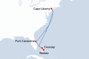 carte itinéraire croisière Amérique du Nord 7 jours au départ du port de Cape Liberty