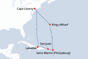 Carte de l'itinéraire de croisière Cape Liberty-Cape Liberty d'une durée de 9 jours