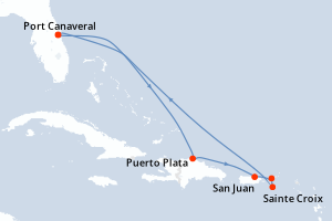 Carte de l'itinéraire de croisière Port Canaveral-Port Canaveral d'une durée de 8 jours